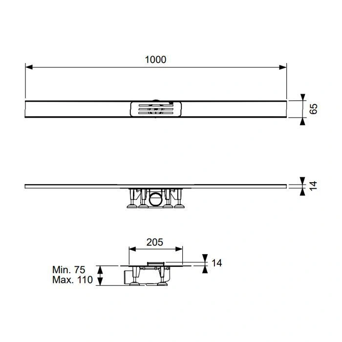Комплект для монтажа дренажного канала TECElineo (подрезной) 400-1000мм, с мембраной, сатин, TECE