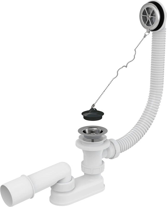 Сифон для ванн с переливом L 570 х Д 52 мм н/ж решетка,пробка, вых 40/50 ХРОМ ALCA PLAST