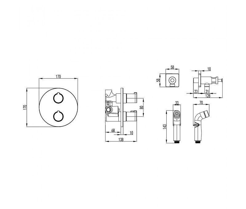 Смеситель термостатический с гигиеническим душем YETI, встраиваемый хром (круглый), LEMARK