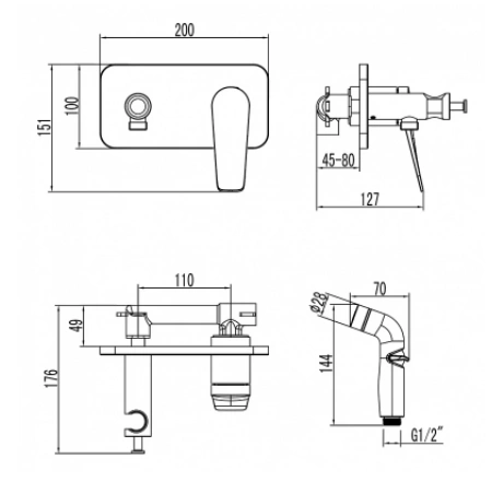 Смеситель с гигиеническим душем Bronx, встраиваемый (графит), LEMARK