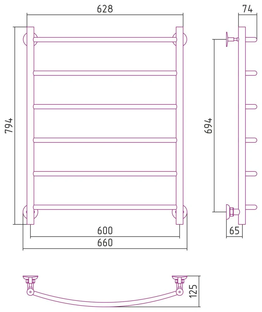 Полотенцесушитель "Версия - Н2" 800х600 (6 перекладин) Г 18, нержавеющая сталь, полировка, Стилье
