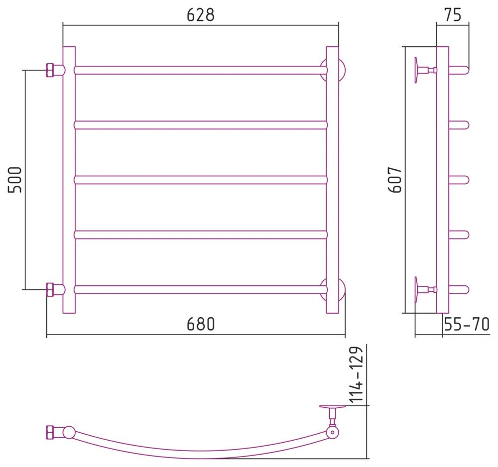 Полотенцесушитель "Версия - Б2" 500х600 (5 перекладин) Г 18, нержавеющая сталь, полировка, Стилье