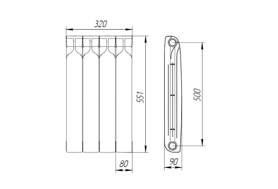 Радиатор биметаллический 500/90 мм 4 секции Теплоприбор