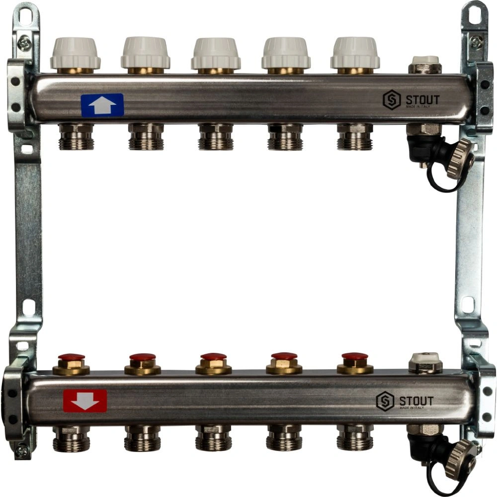 Коллектор  5 вых с вент. вставками (сливные краны, воздухоотводчик, без заглушек) Stout