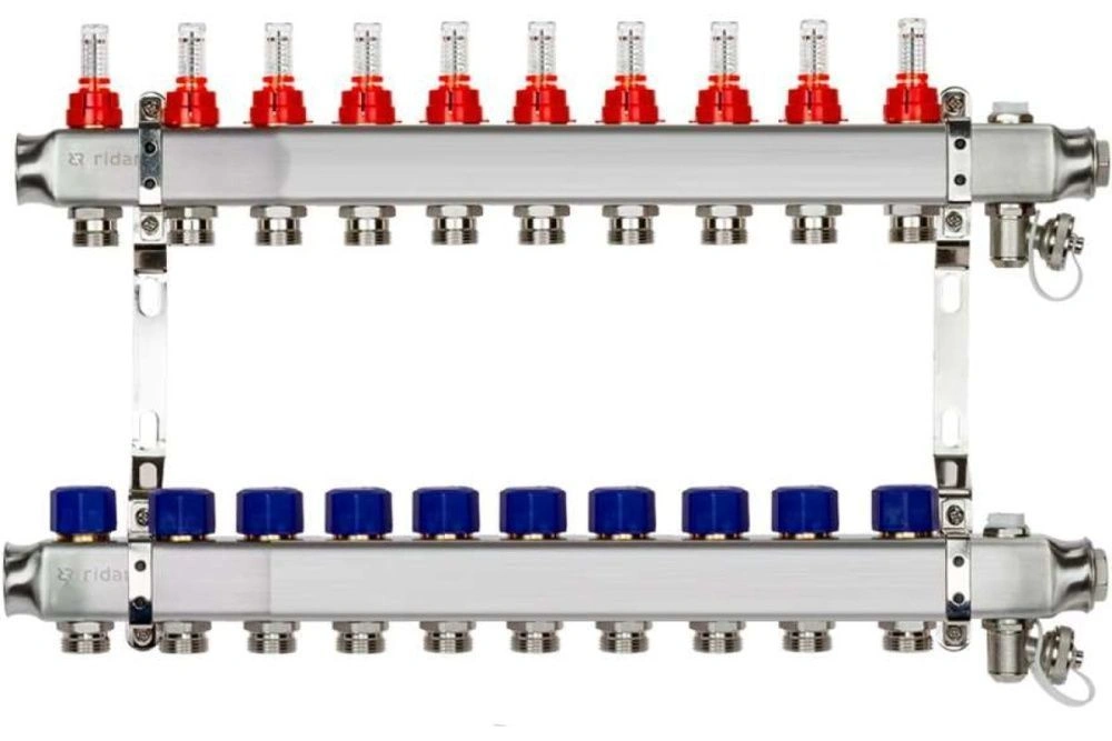 Комплект коллекторов SSM-10RF set, нерж., с расходомерами и кронштейнами, 10 контуров Ridan