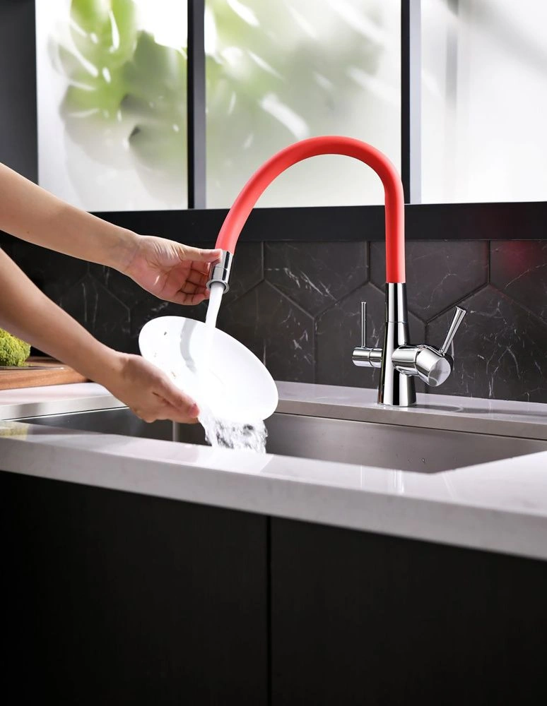 Смеситель для кухни COMFORT, с подключ. к фильтру, хром/красный (гибкий излив), LEMARK