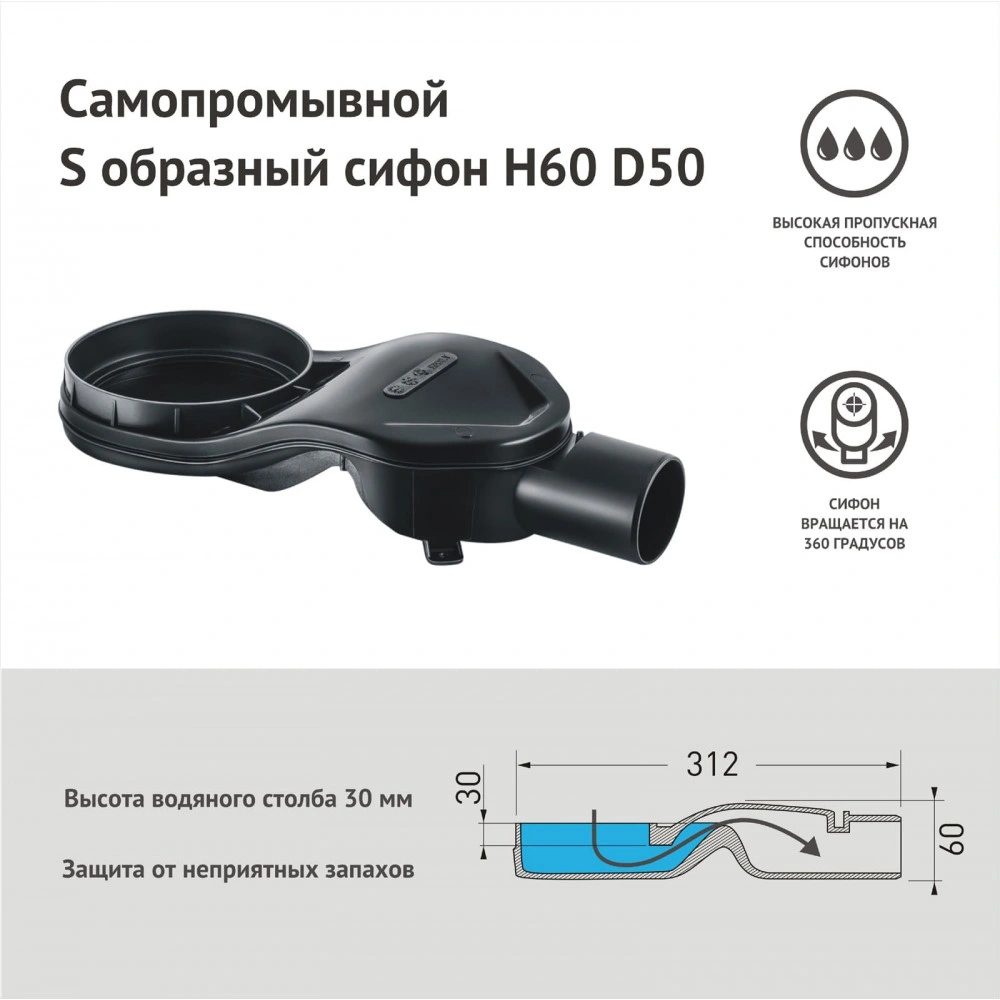 Дренажный канал BERGES SUPER Slim  600 нерж. сталь решетка мат. черный S-сифон D50 бок. выпуск