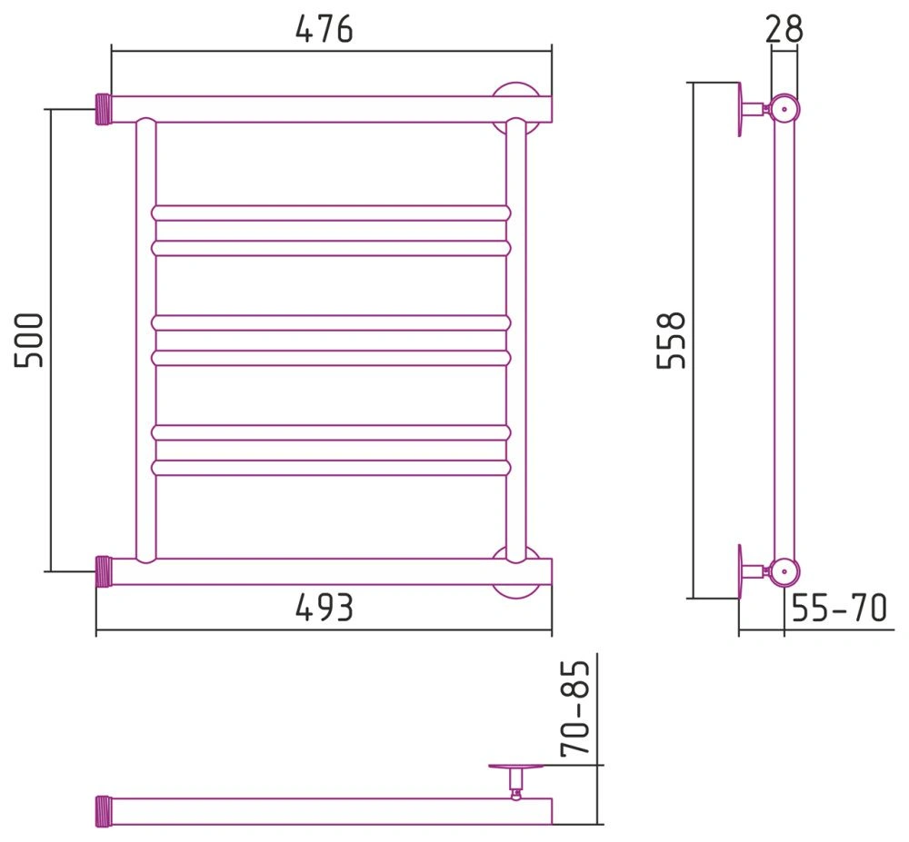 Полотенцесушитель водяной Минор 00601, 50х50 см, (2+2+2) П, Стилье