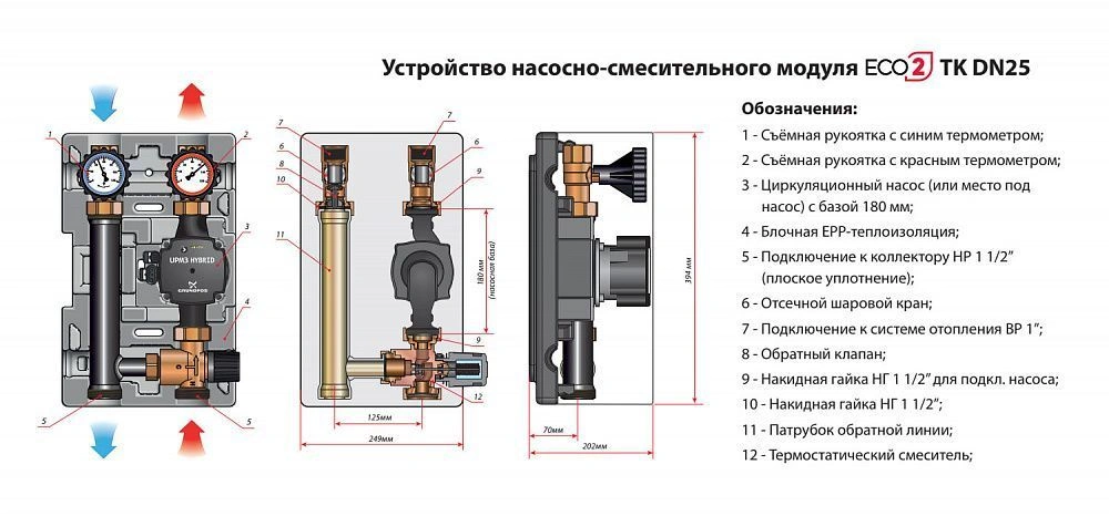Насосно-смесительный модуль 1" TK DN25 ECO 2 (без насоса, термостат 45 - 70°C) Huch