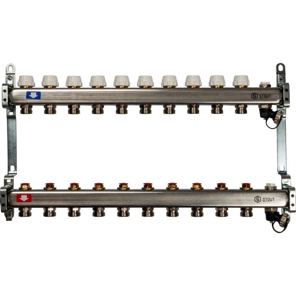 Коллектор 10 вых с вент. вставками (сливные краны, воздухоотводчик, без заглушек) Stout