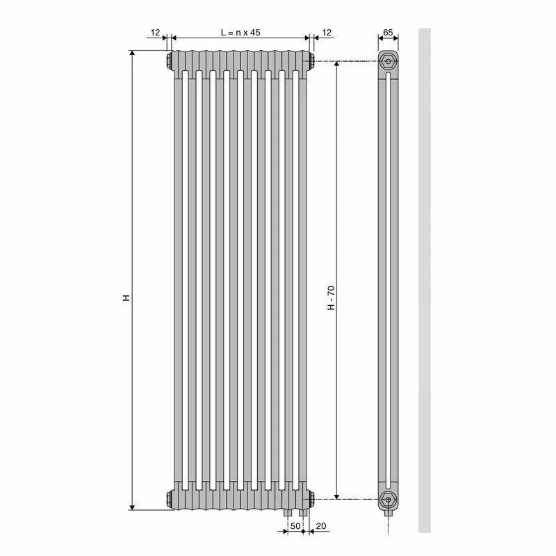 Радиатор трубчатый Ritmo 2-1800-12, нижнее подкл. с вент. вставкой, Ral 9016, Vasco