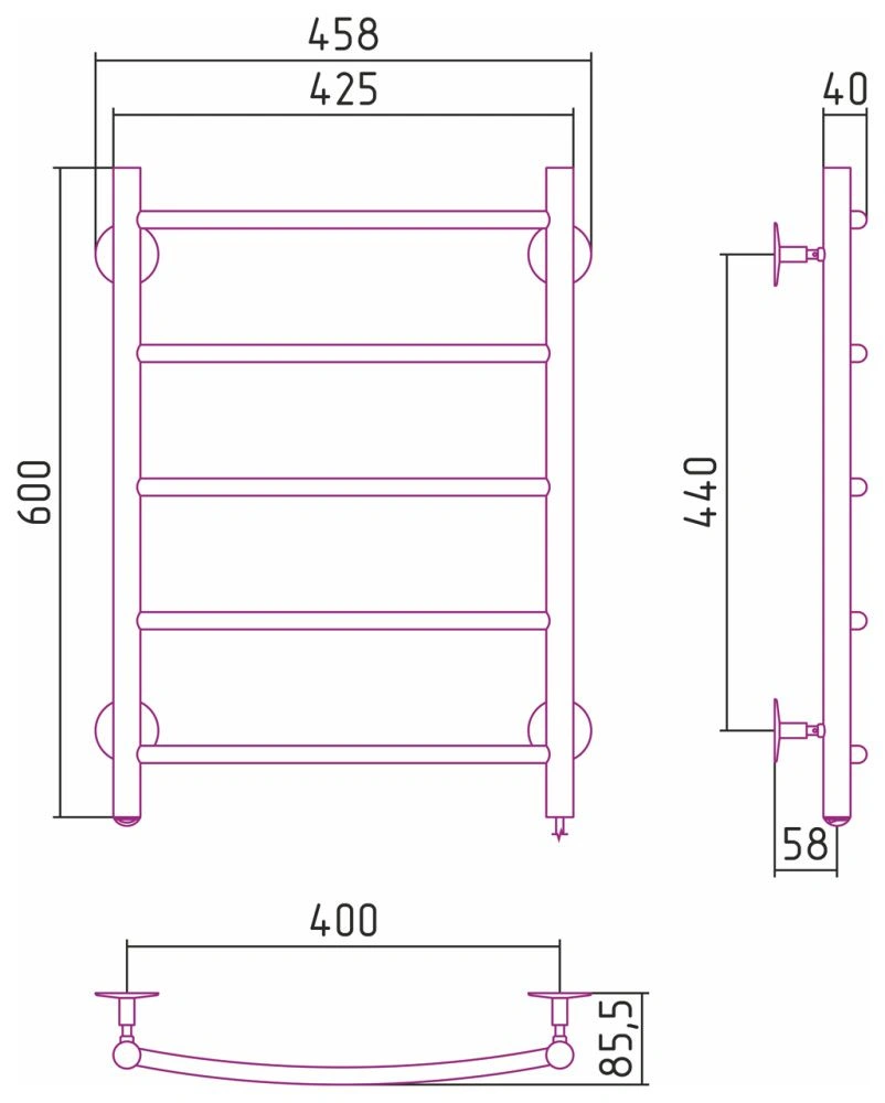 Полотенцесушитель электрический №40 П, 600х400, хром,  Стилье