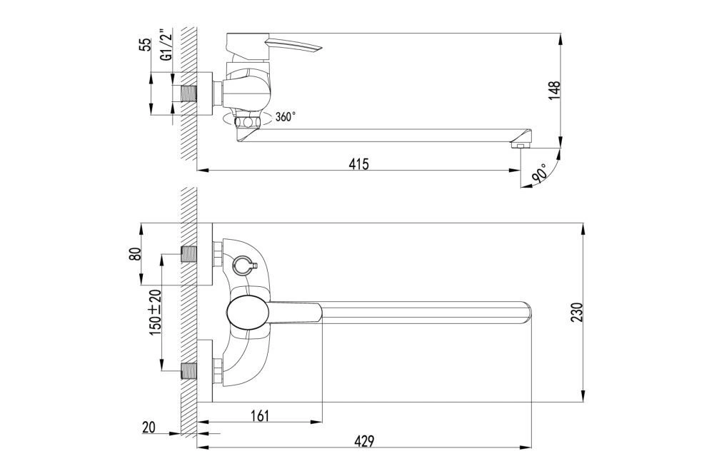 Смеситель универсальный ATLANTISS с плоским изливом 350мм (с лейкой и шлангом) хром LEMARK