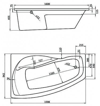 Ванна МАЙОРКА ассиметричная XL 160*95, Белая, Лев. Santek