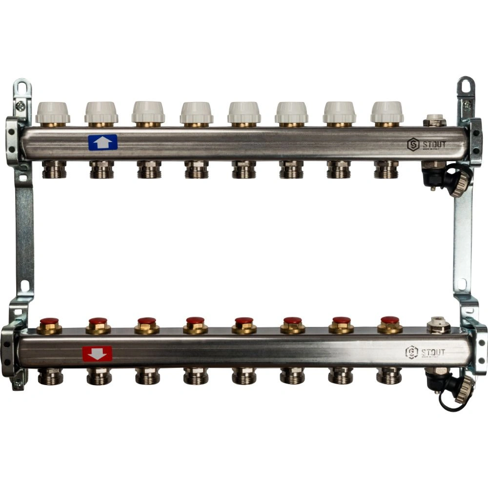 Коллектор  8 вых с вент. вставками (сливные краны, воздухоотводчик, без заглушек) Stout