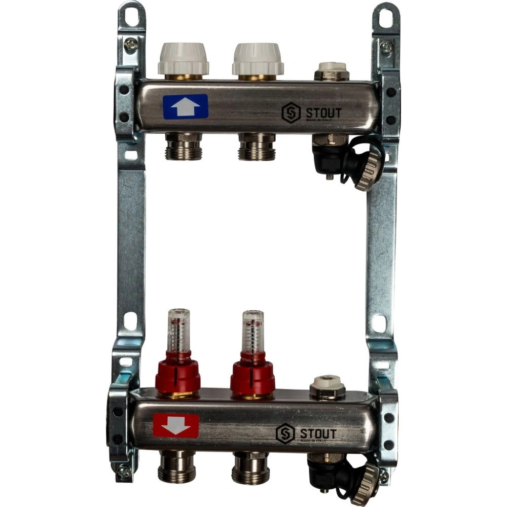 Коллектор  2 вых с расходомерами (сливные краны, воздухоотводчик, без заглушек) Stout