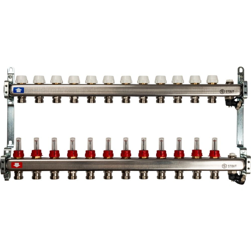 Коллектор 12 вых с расходомерами (сливные краны, воздухоотводчик, без заглушек) Stout