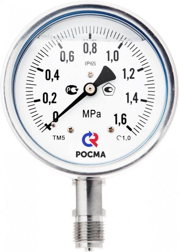 Манометр нерж. ТМ-521Р.00 (0..1,6 МПа), G1/2", 100мм, кл.т. 1,0, 200C, "сухой" (без заполнения)
