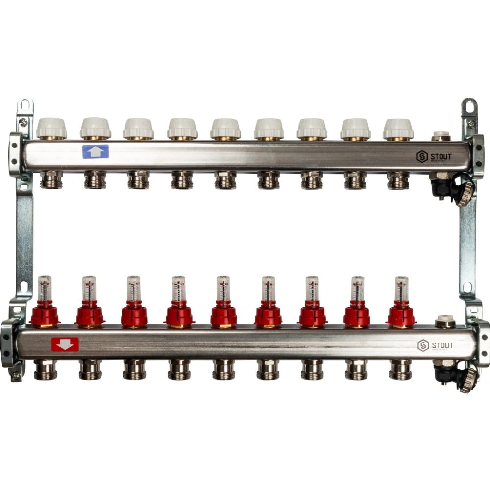 Коллектор  9 вых с расходомерами (сливные краны, воздухоотводчик, без заглушек) Stout