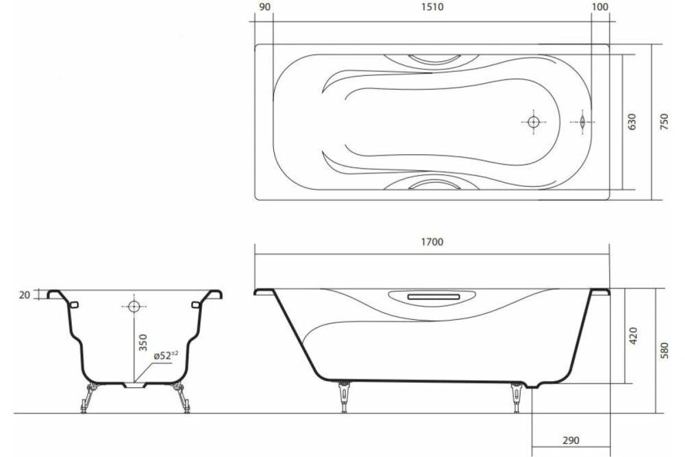 Ванна чугунная эмалированная ГАММА 1700x750x420 в комплекте с 4-мя ножками и 2-мя ручками AQUATEK