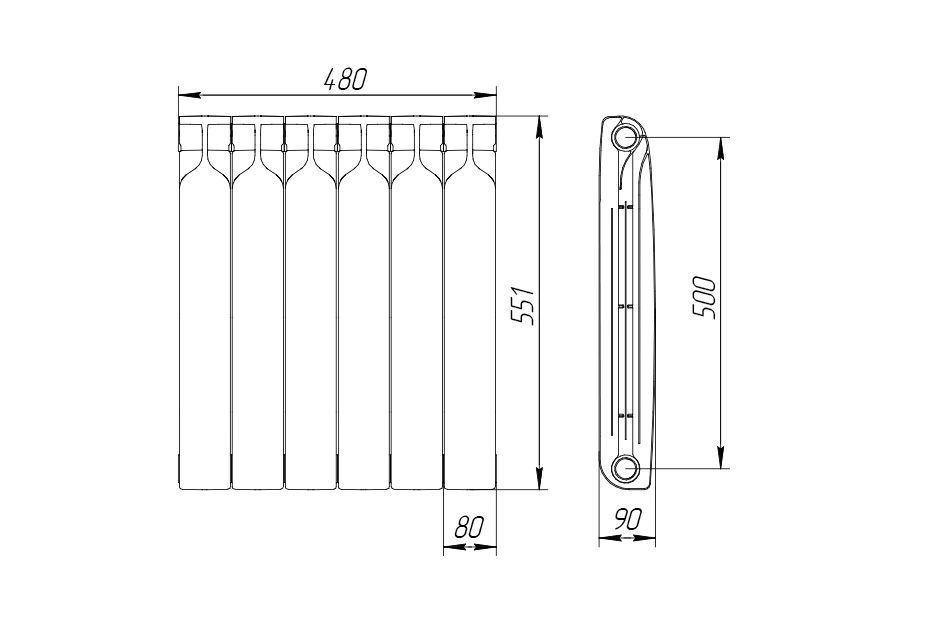 Радиатор биметаллический 500/90 мм 6 секций Теплоприбор