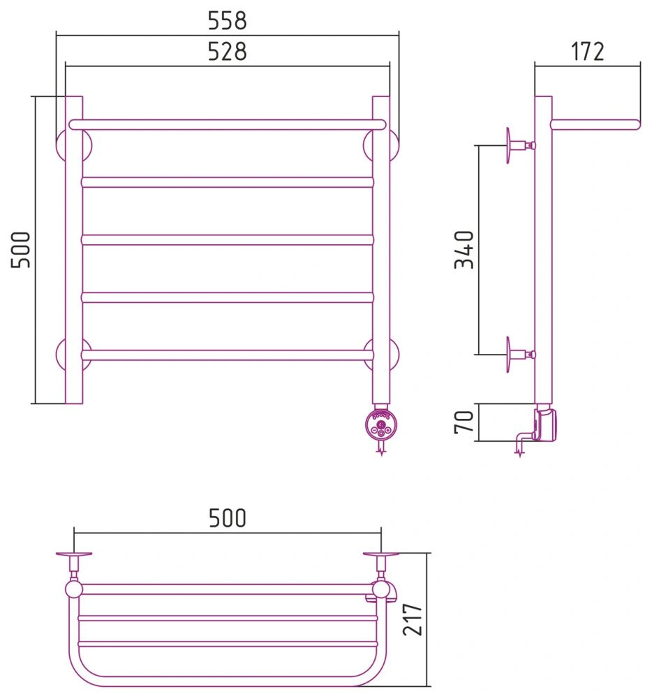 Полотенцесушитель электрический №20 ТП, 500х500 (Полка + 4) П16, Стилье