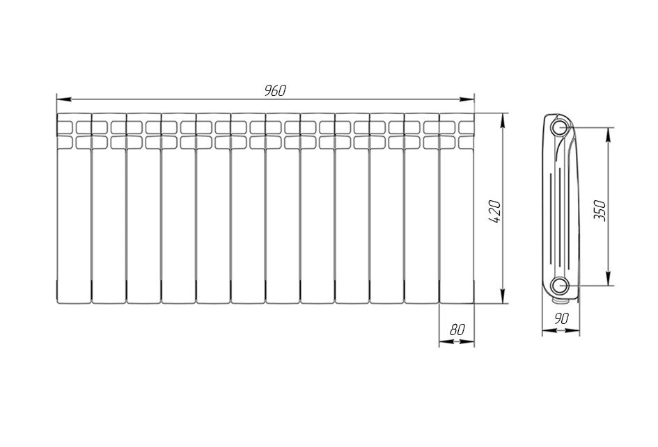 Радиатор алюминиевый 350/90 мм 12 секций Теплоприбор
