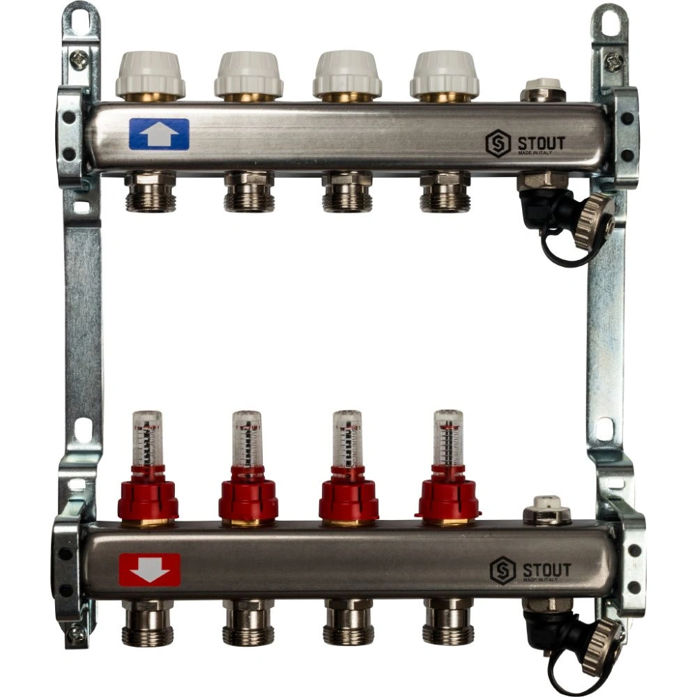 Коллектор  4 вых с расходомерами (сливные краны, воздухоотводчик, без заглушек) Stout