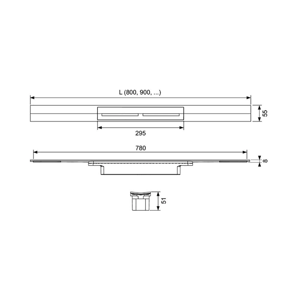 Комплект drainprofile 900мм Сатин с сифоном 673002 DN50 бок.слив с решеткой для волос, опорами TECE