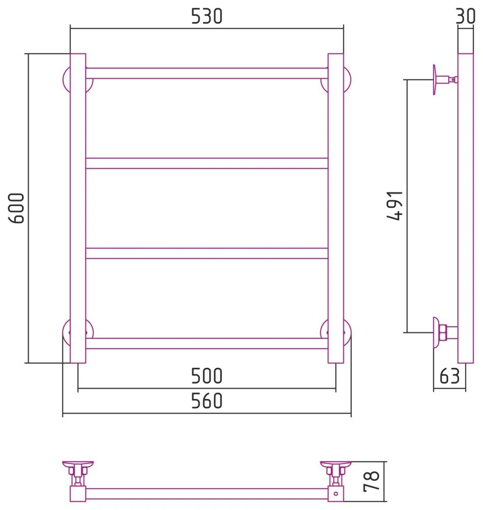 Полотенцесушитель "Версия - КН" 600х500 (4 перекладины) П 20х20, нержавеющая сталь, полировка, Стилье