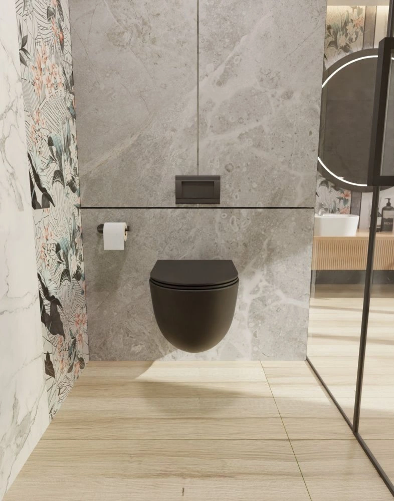 Унитаз подвесной с сиденьем SoftClose, технология смыва Rimless, скрытый крепеж, Черный мат AQM2001