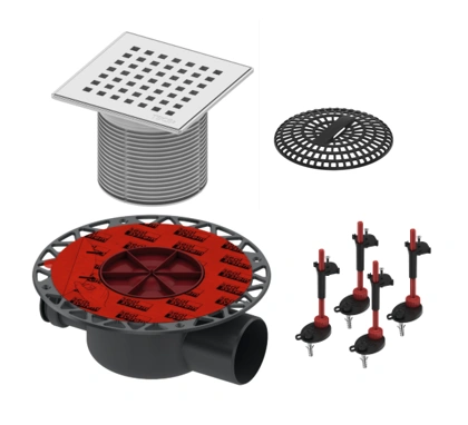 Комплект точечного трапа (сифон горизонтальный DN75+решетка Quadratum+сетка для волос+опоры) ТЕСЕ