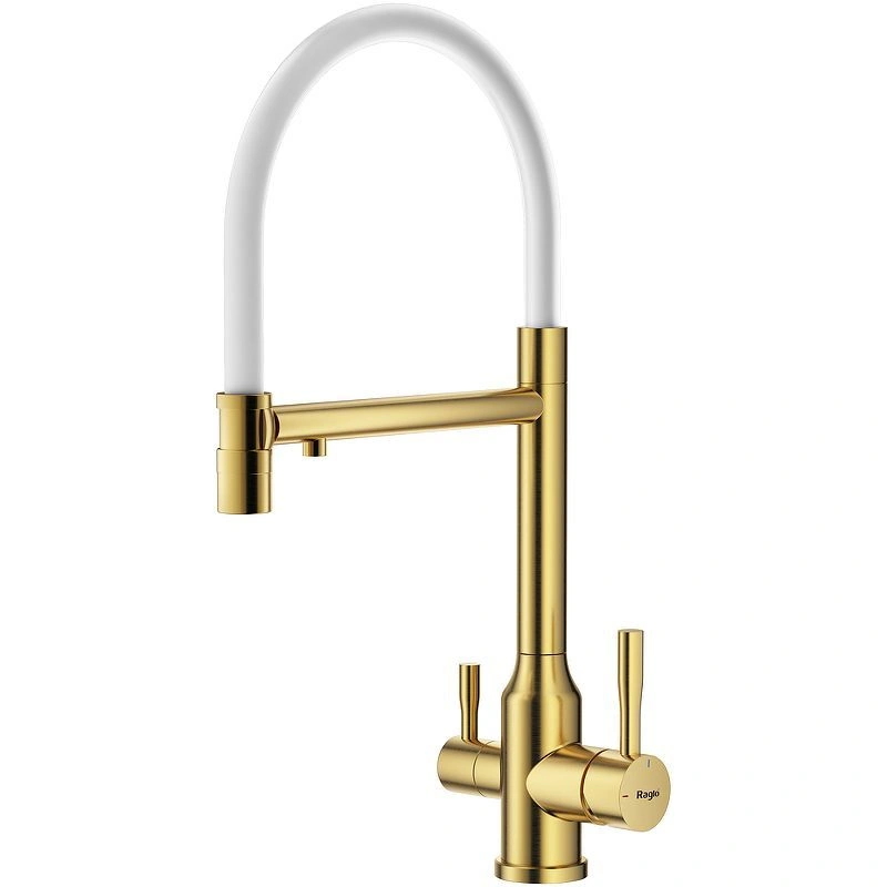 Смеситель кухонный со съемным изливом на магните и подключением фильтра R81.63 (сатин золотой/белый) RAG