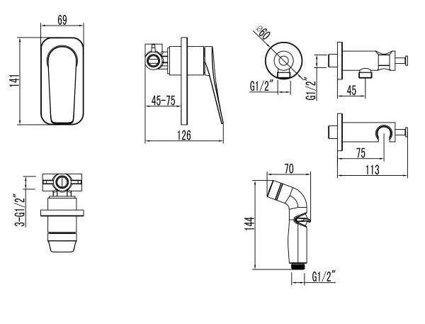 Смеситель с гигиеническим душем Bronx, встраиваемый (черный), LEMARK