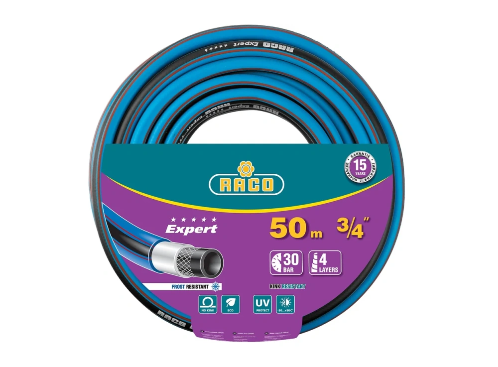 Шланг поливочный четырёхслойный, армированный, RACO EXPERT, 3/4", 50 м, 30 атм