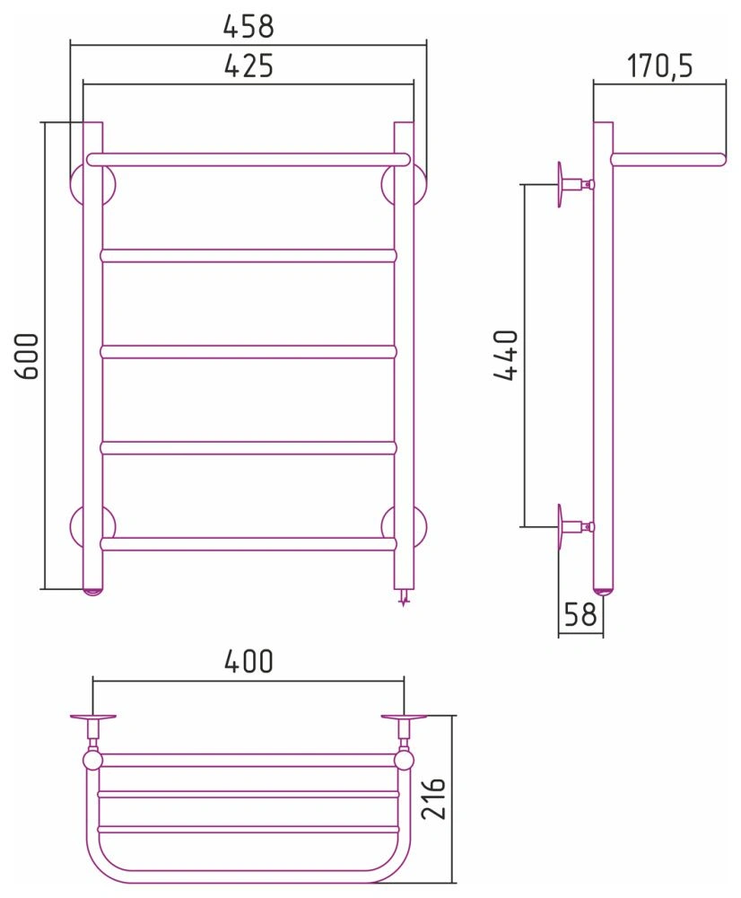Полотенцесушитель электрический №30 П, 600х400 мм, хром,  Стилье