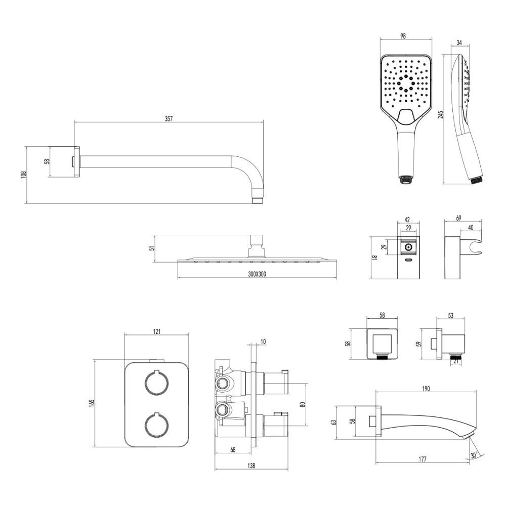 Система встраиваемая для ванны и душа YETI (квадратная) термостатическая хром LEMARK