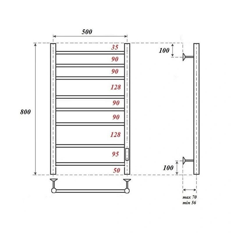 Полотенцесушитель электрический  Аврора П8 500x800 диммер справа, хром Point