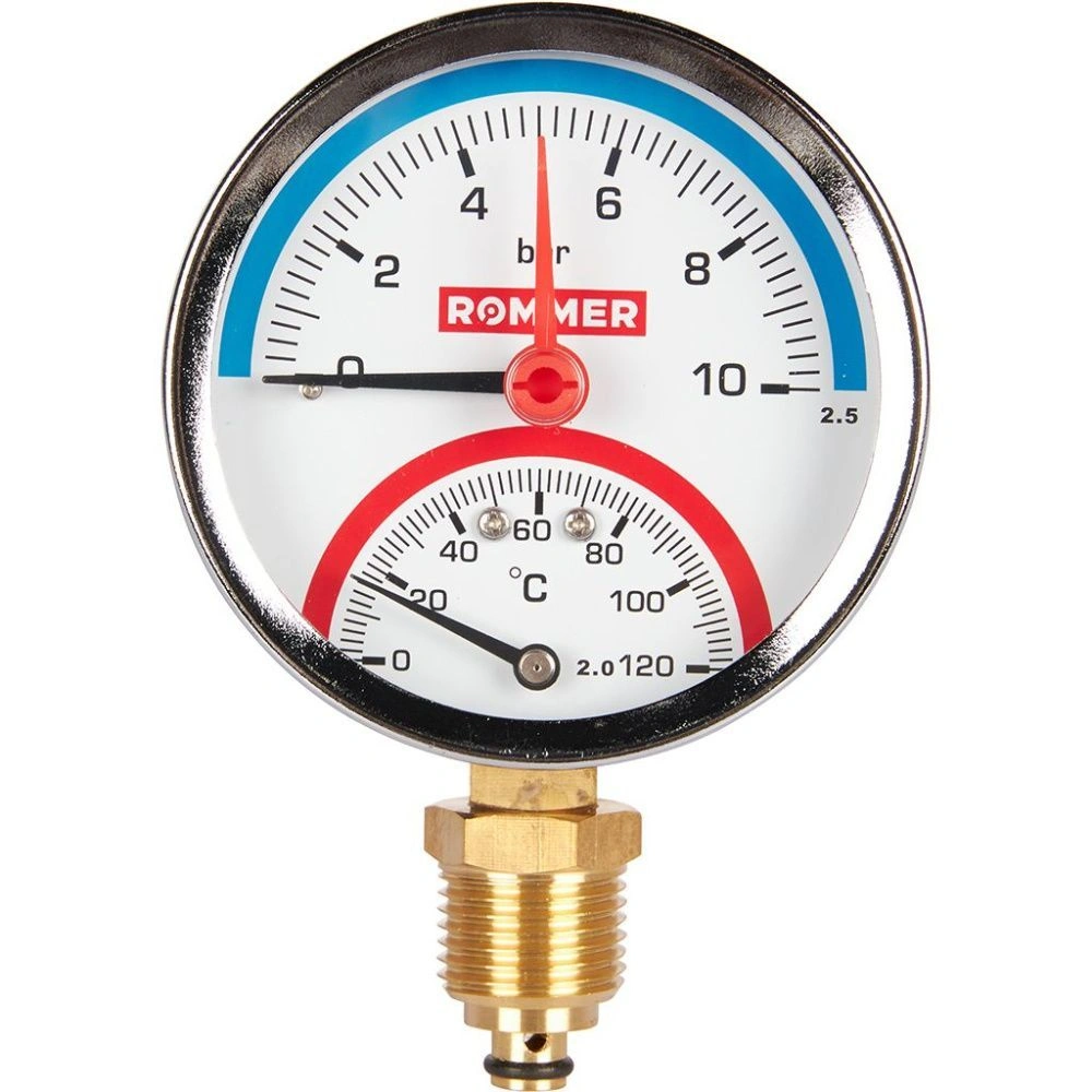 Термоманометр радиальный, Dn 80 мм 1/2 , 0...120°C, 0-10 бар, ROMMER