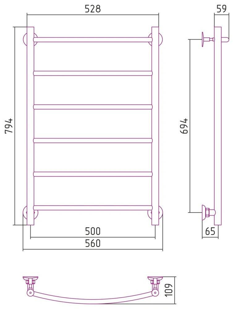 Полотенцесушитель водяной  версия - Н2 800х500, нерж. ст., Стилье