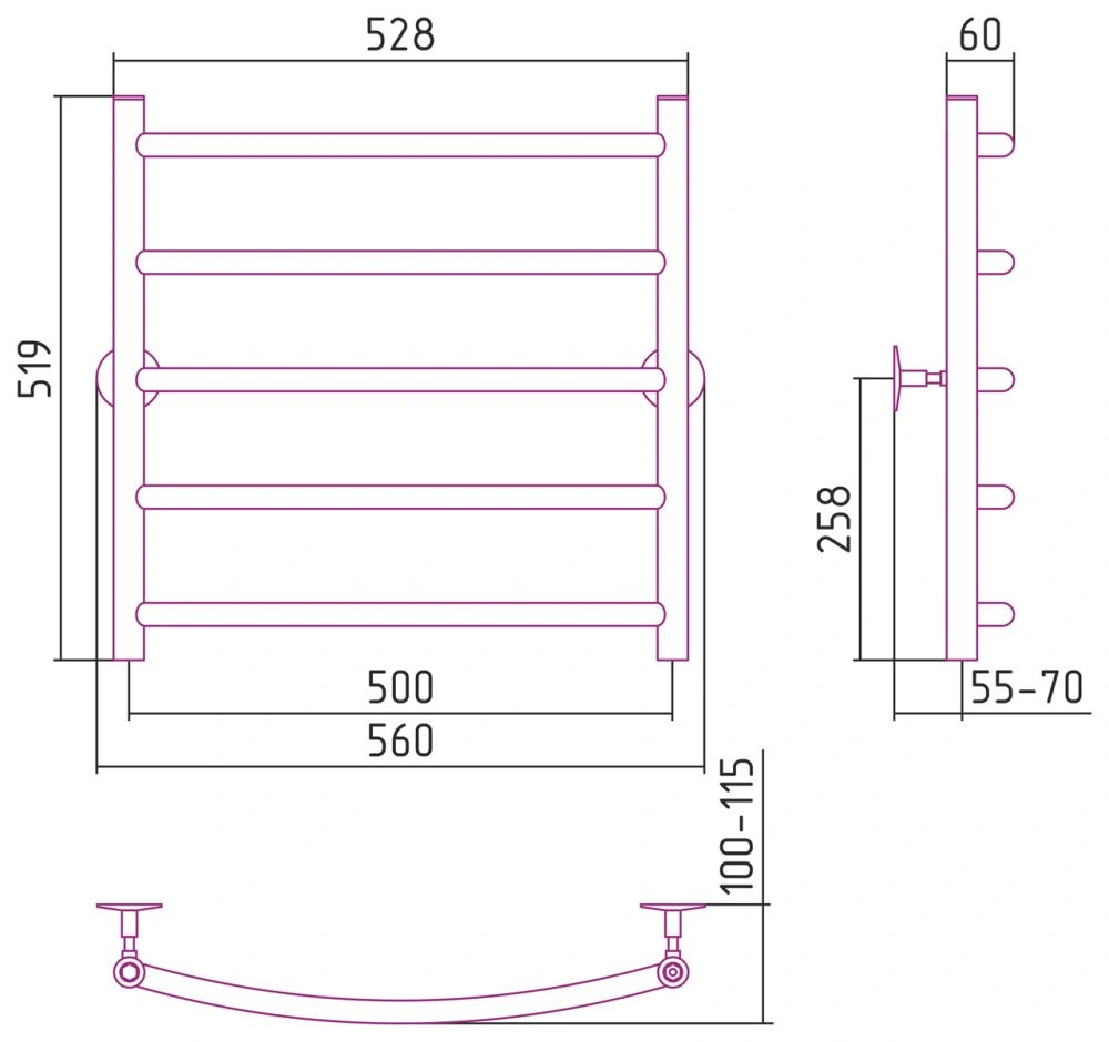 Полотенцесушитель Универсал-50 600х500, нерж. ст., полировка Стилье
