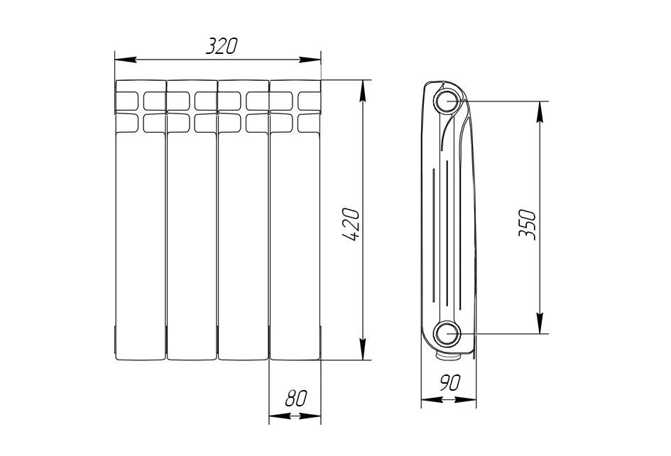 Радиатор алюминиевый 350/90 мм 4 секции белый Теплоприбор