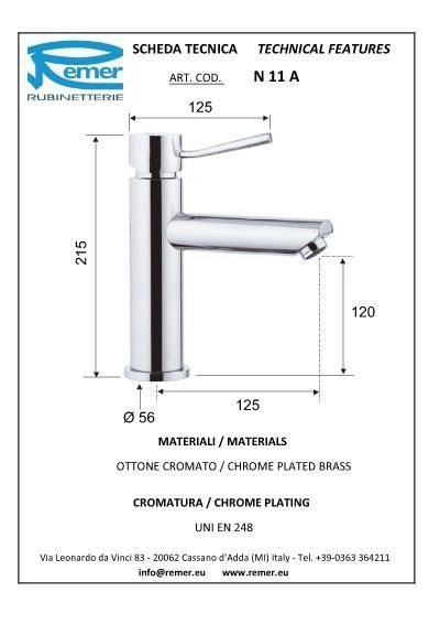 Смеситель для раковины Minimal хром, Remer, в наличии