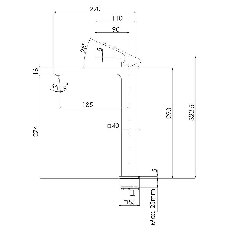 Смеситель для раковины Absolute высокий, чёрный матовый, Remer, в наличии