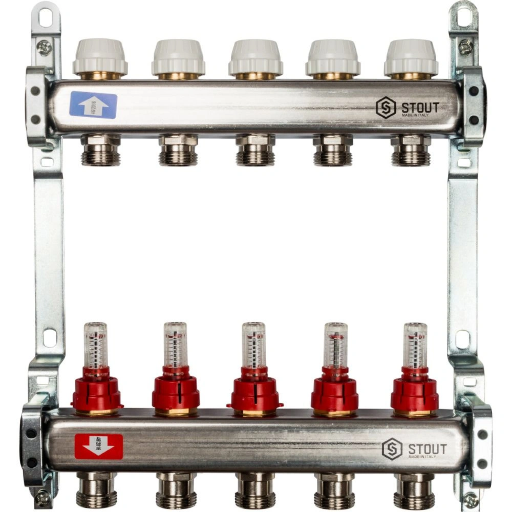 Коллектор  5 вых с расходомерами (без сливных кранов, без воздухоотводчиков, без заглушек) Stout
