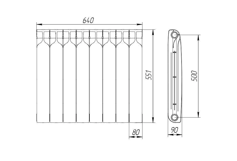 Радиатор биметаллический 500/90 мм 8 секций Теплоприбор
