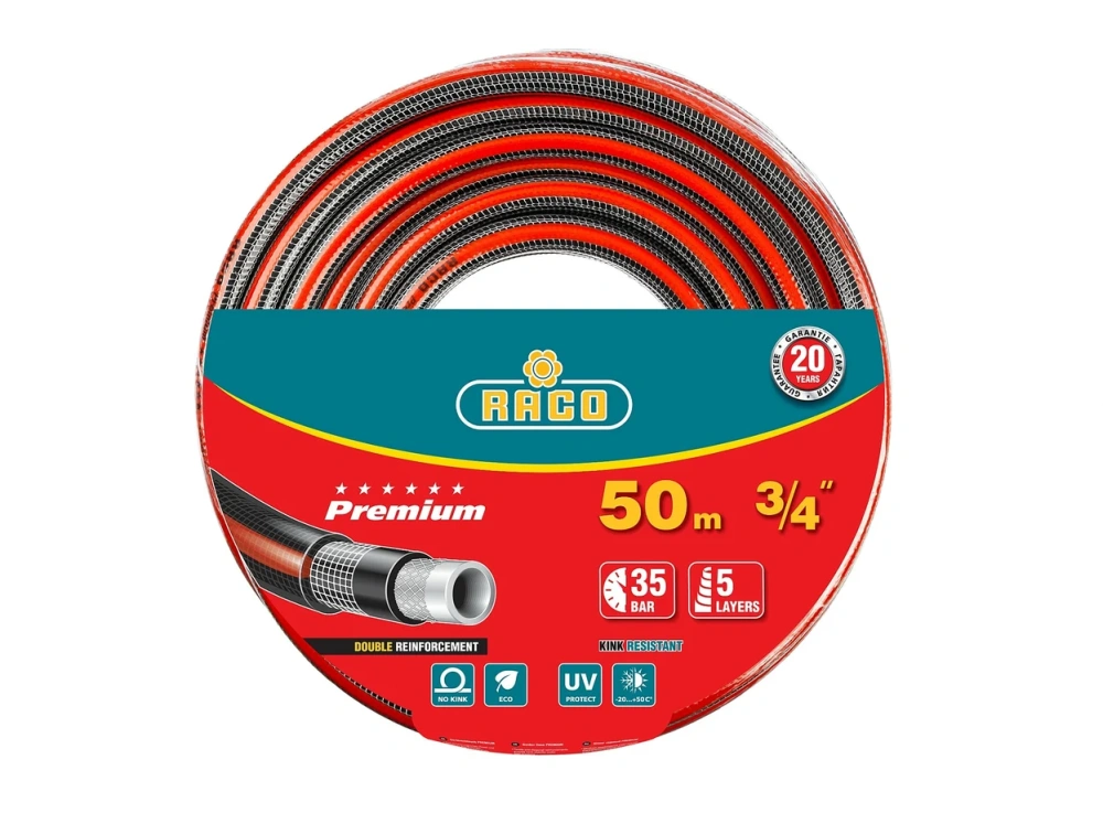 Шланг поливочный пятислойный, усиленный двумя слоями армирования, RACO PREMIUM, 3/4", 50 м, 35 атм