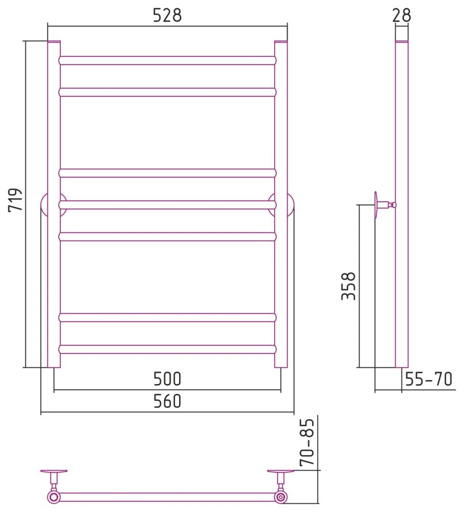 Полотенцесушитель Универсал-55 800х500 (2+3+2) П 18, нерж. ст., полировка Стилье