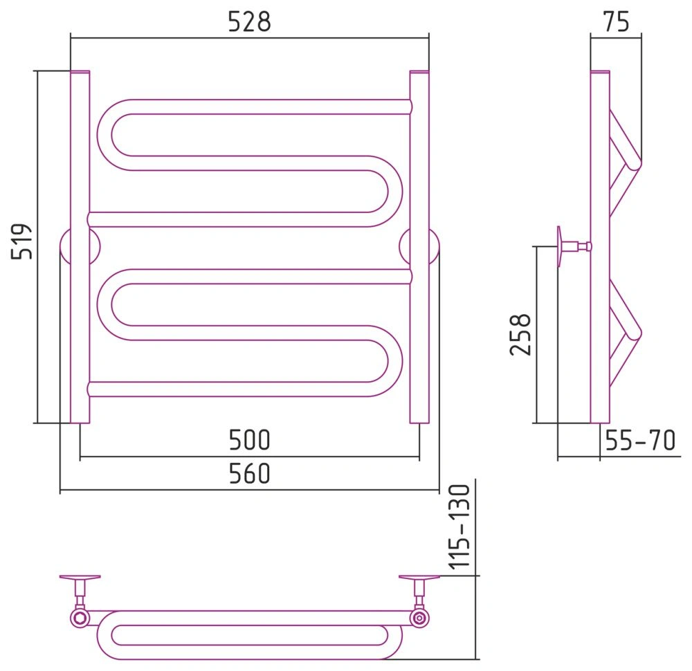 Полотенцесушитель Универсал-51 600х500, нерж. ст., полировка Стилье