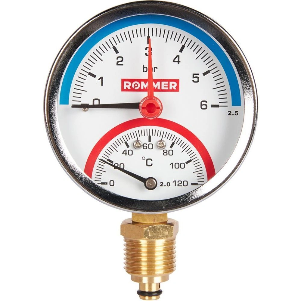 Термоманометр радиальный, Dn 80 мм 1/2 , 0...120°C, 0-6 бар, ROMMER